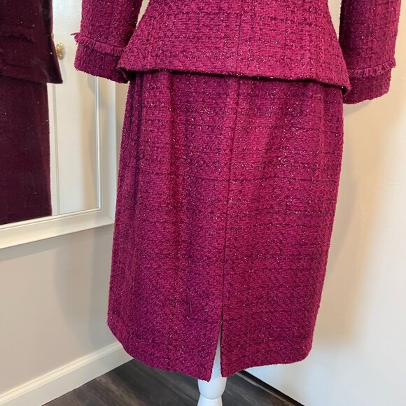 Tahari ASL Magenta Metallic Tweed Skirt Suit with Fringe Detail, Size 10 - Picture 14 of 16